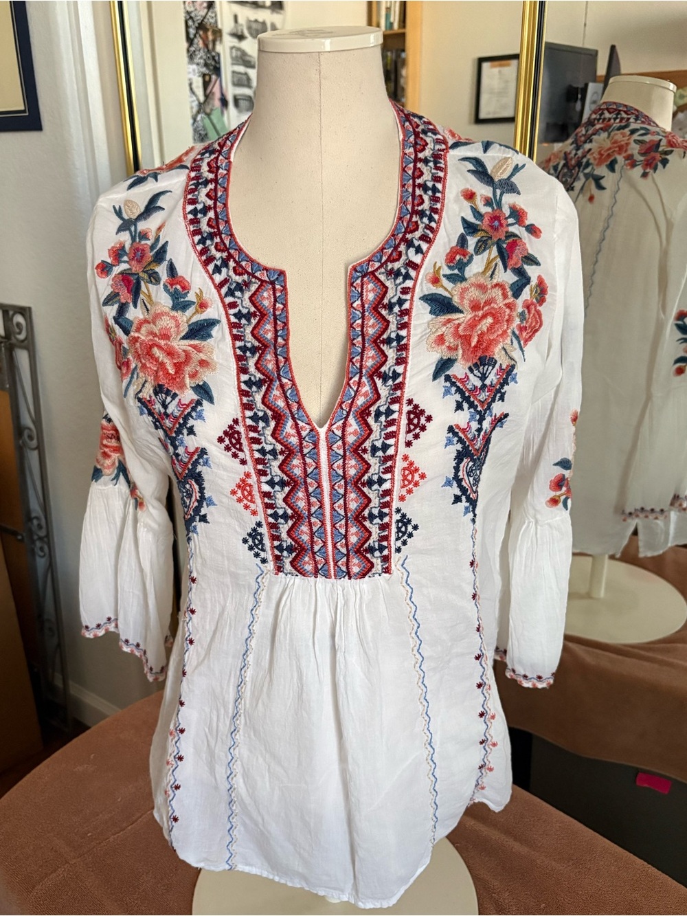 Vintage Johnny Was White Tunic with Red & Navy Floral Embroidery